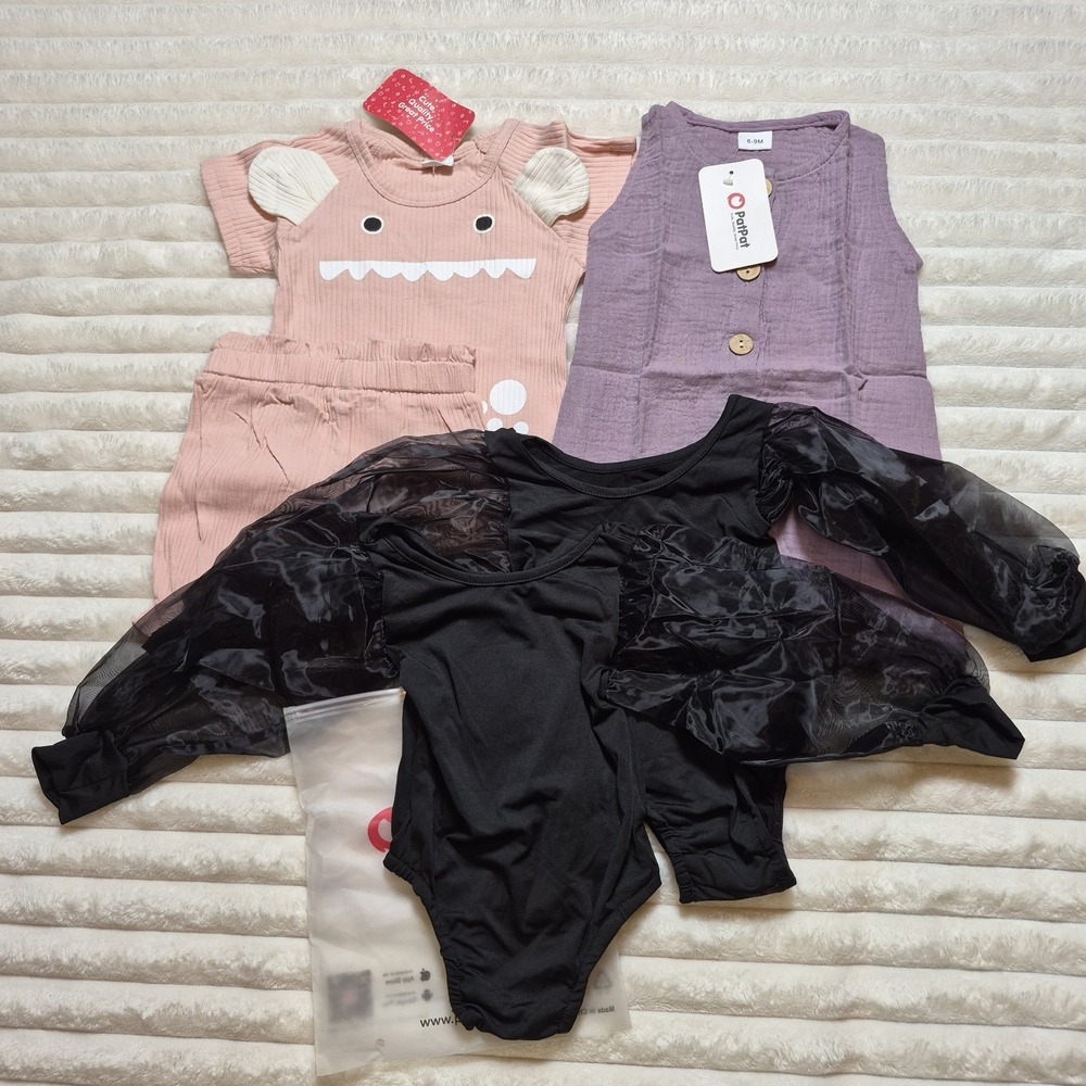 PatPat Baby Girl 4pc Bundle Black Sheer Sleeve Bodysuits Pink Set Purple Romper